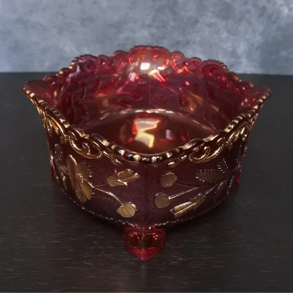Antique Victorian US Glass Cranberry Flash Gold Floral Embossed Footed Bowl